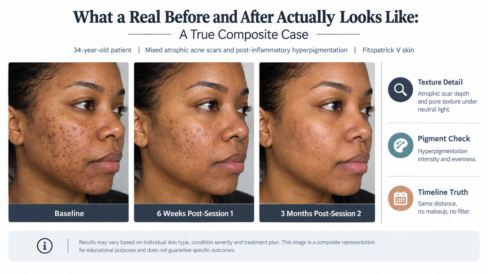 A 34-year-old patient with Fitzpatrick V skin showing progress of acne scar treatment over three months.