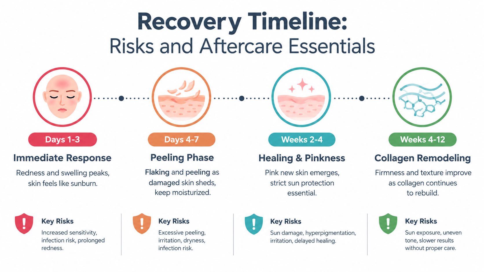 An infographic showing the four stages of a skin recovery timeline following a cosmetic dermatological procedure.