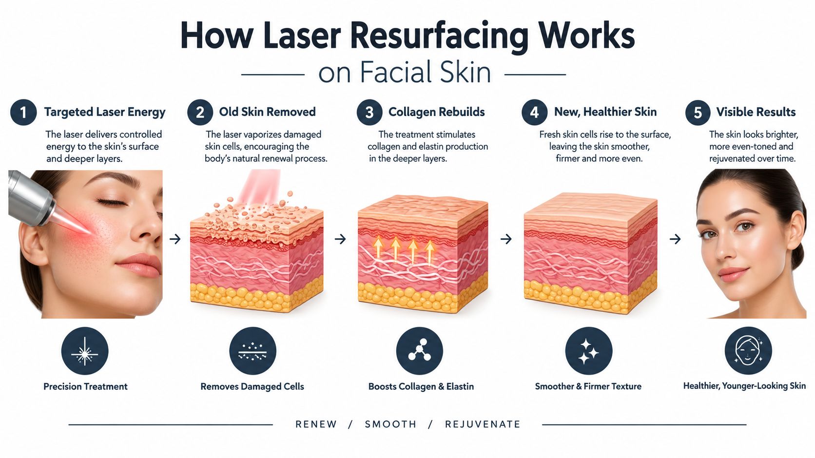 A diagram illustrating the five stages of how laser resurfacing works to rejuvenate and improve facial skin.