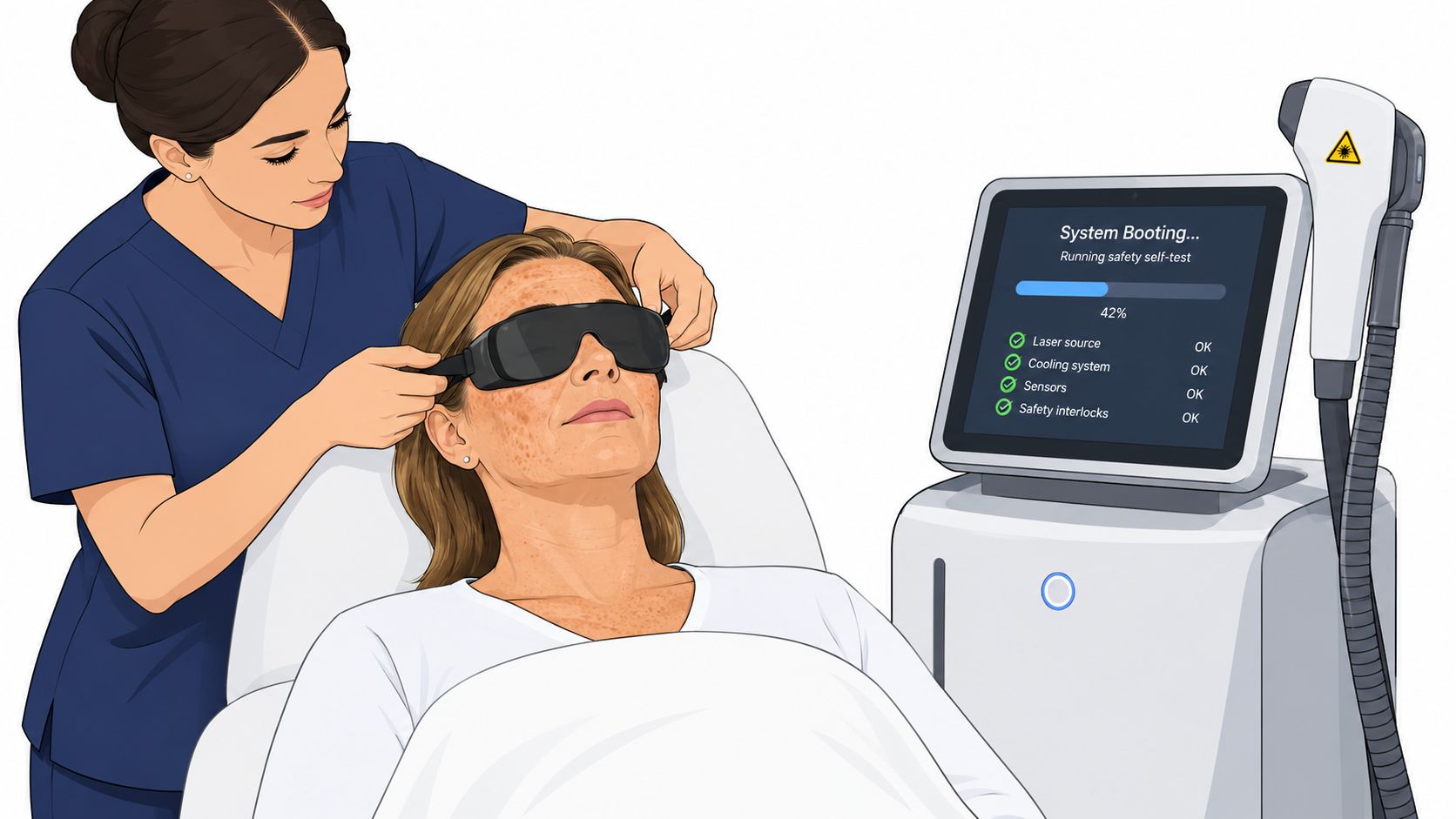 Woman wearing eye protection during laser skin treatment in clinic.
