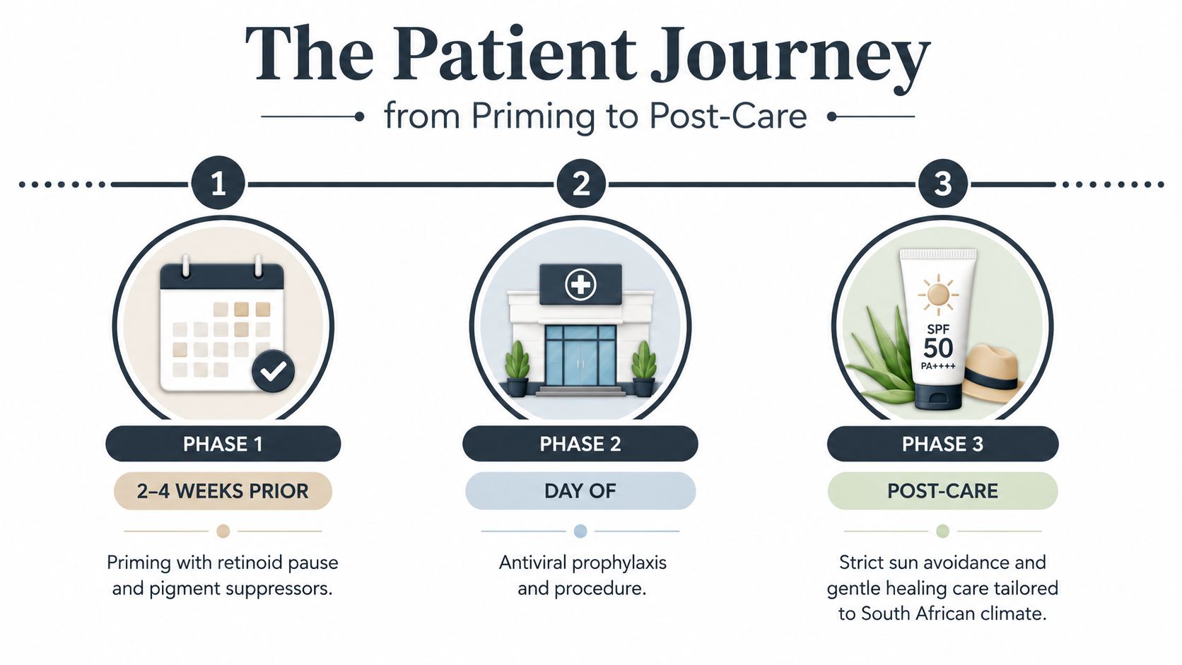 A three-step infographic showing the patient journey for skin treatment from pre-care to post-care stages.