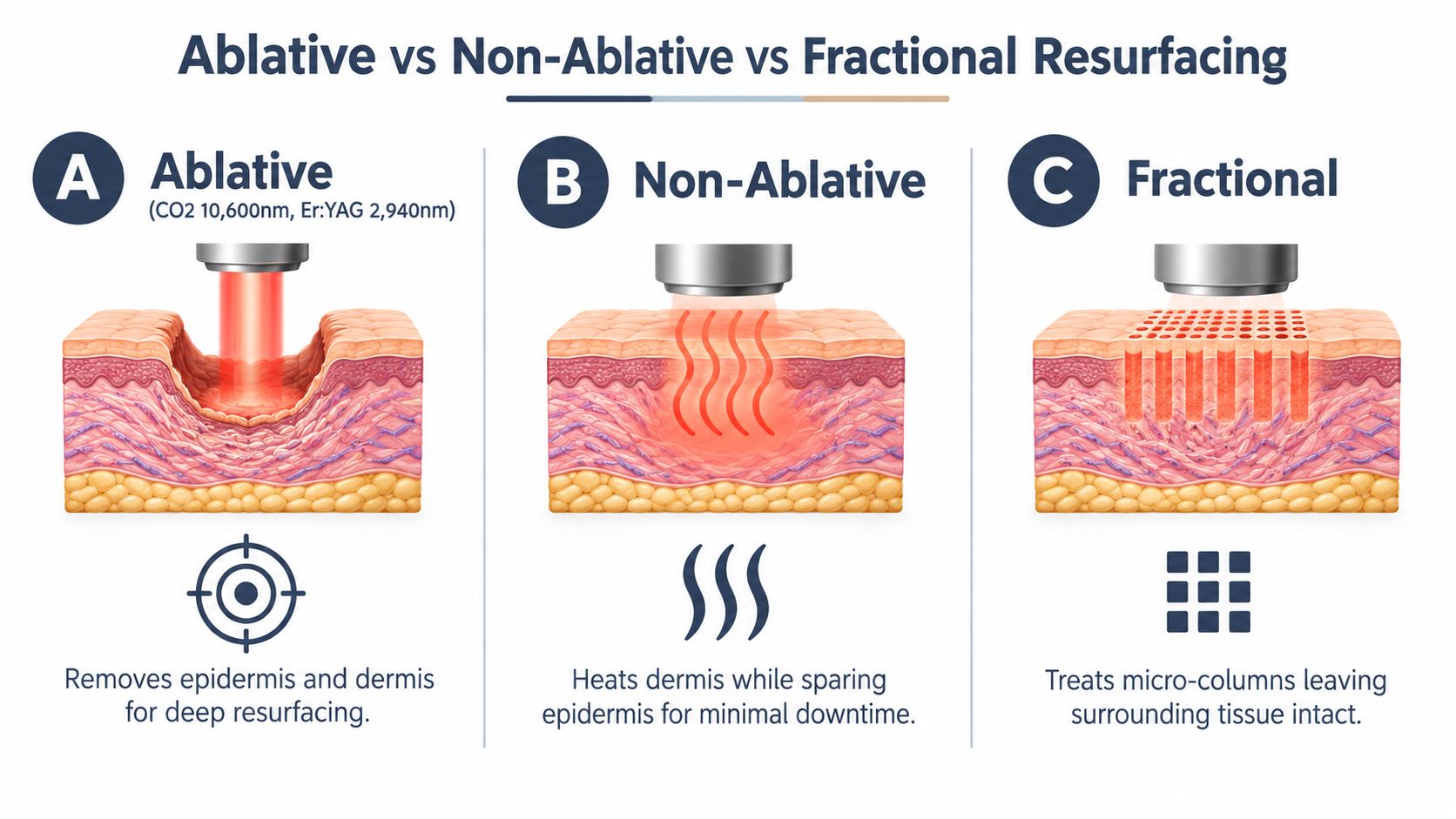 A diagram comparing ablative, non-ablative, and fractional laser skin resurfacing techniques on skin layers.