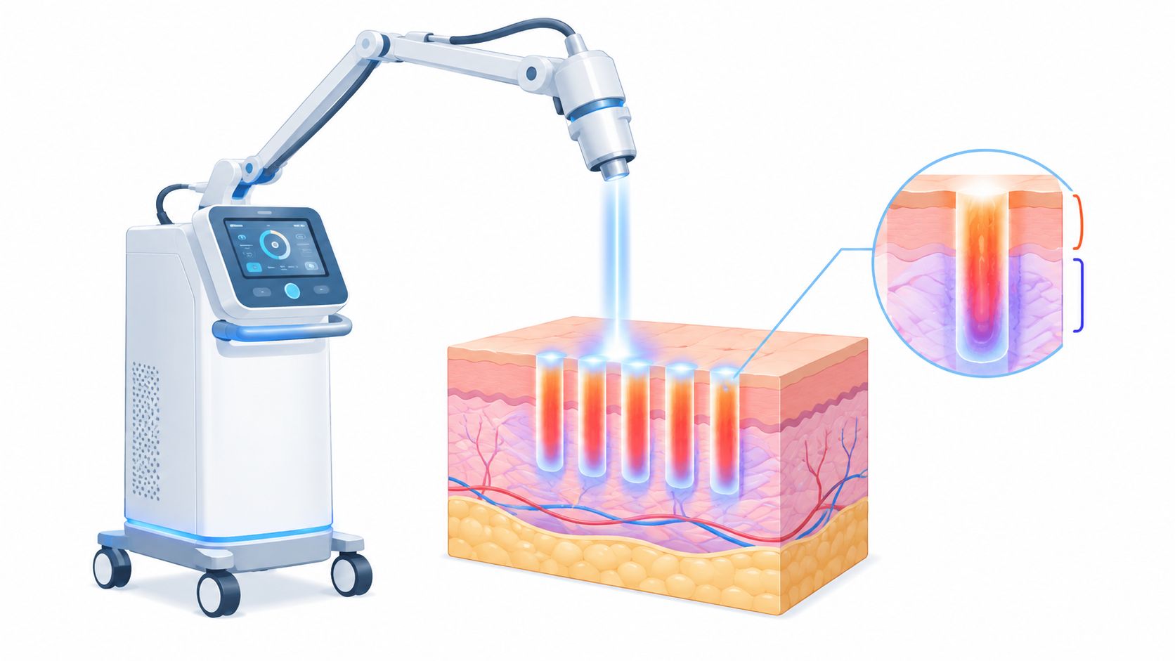 Medical laser device emitting light onto skin with skin cross-section inset.