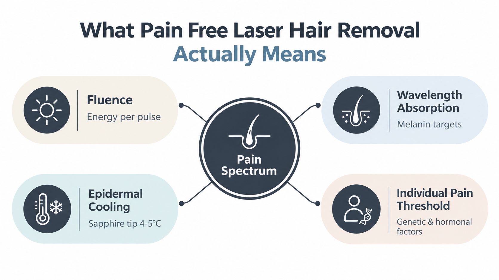 A diagram explaining factors contributing to pain-free laser hair removal, including fluence, wavelength, epidermal cooling, and pain threshold.