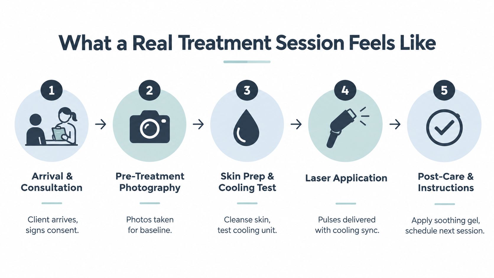 A step-by-step infographic illustrating the five stages of a professional laser hair removal treatment session.