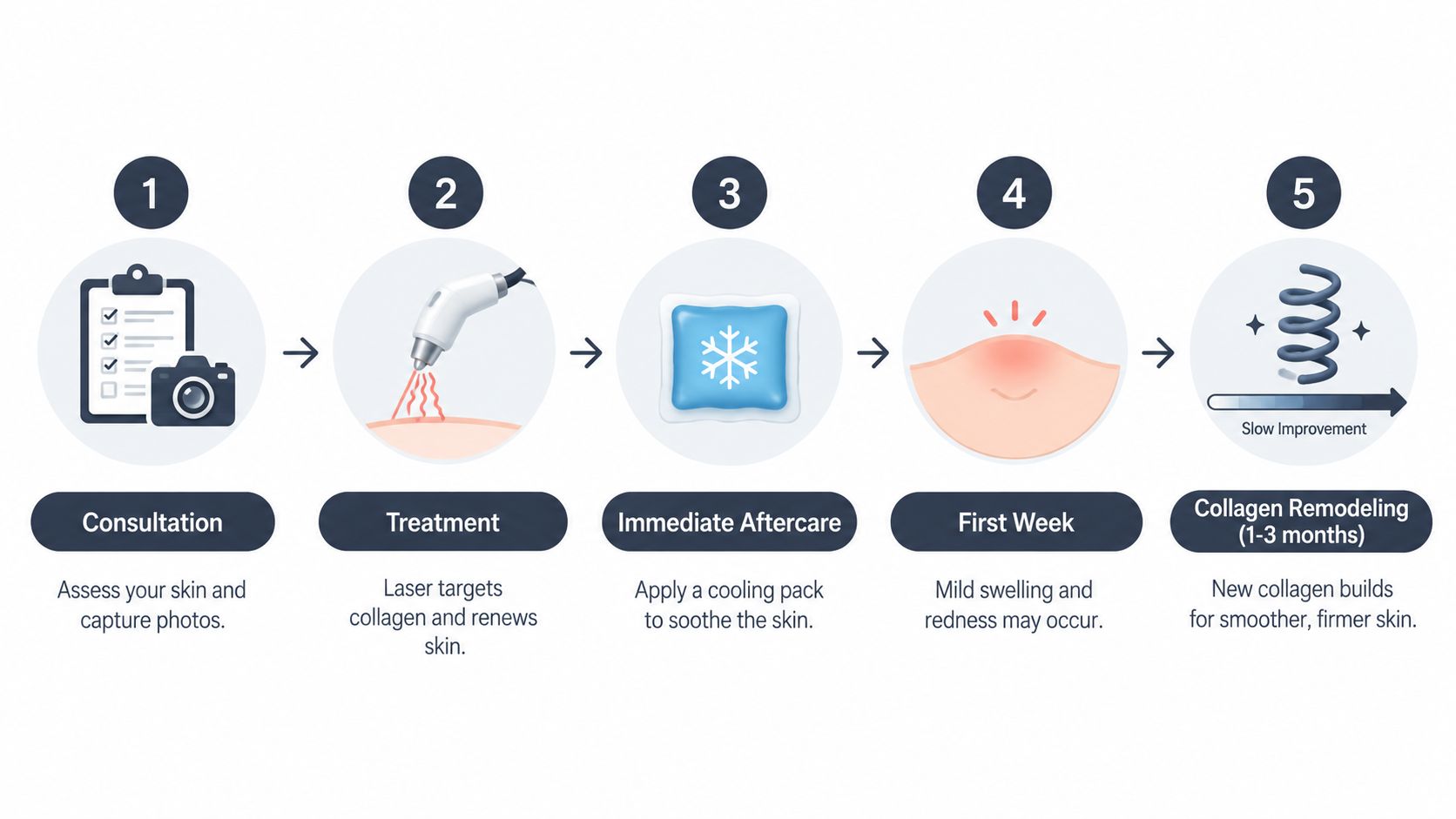 A five-step infographic showing the skin tightening laser treatment process from consultation to long-term collagen remodeling.