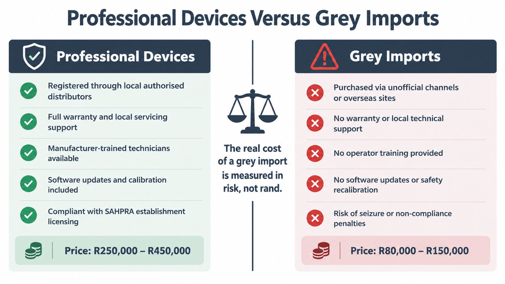 A comparison chart showing the risks and benefits of buying professional devices versus grey import machines.