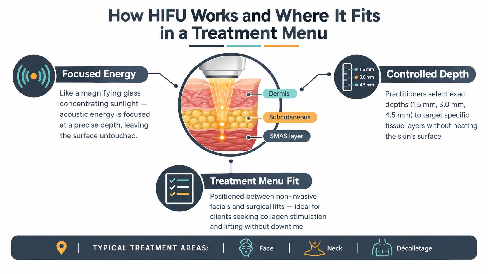 A diagram explaining how HIFU technology works, showing tissue layers, treatment depth, and typical treatment areas.