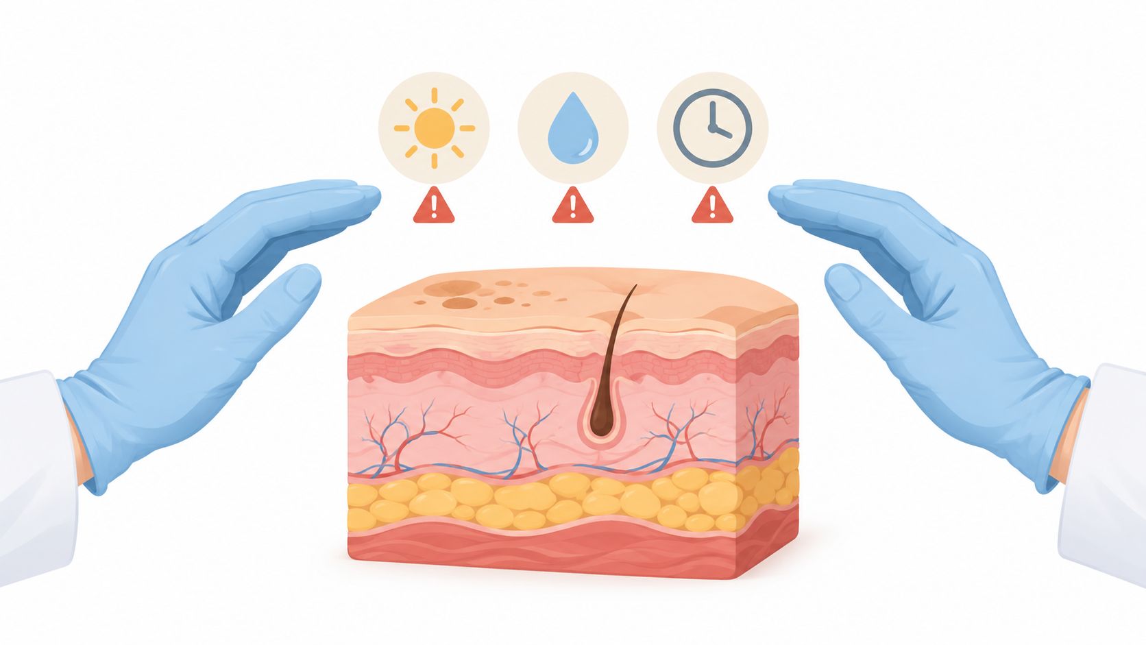 Medical illustration of skin layers with icons indicating sun, water, and clock.