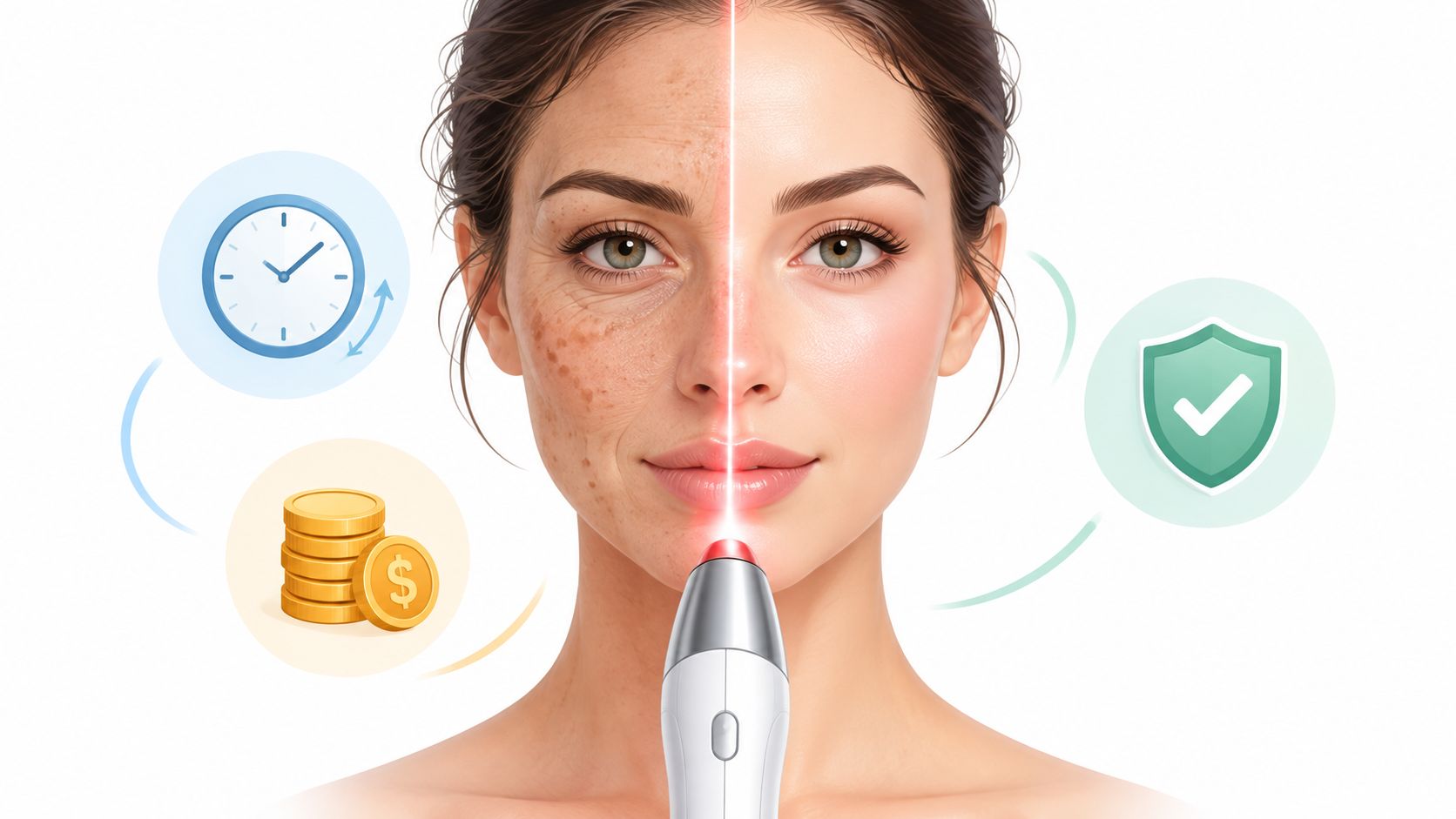 Side-by-side comparison of a woman's face showing skin improvement after treatment.