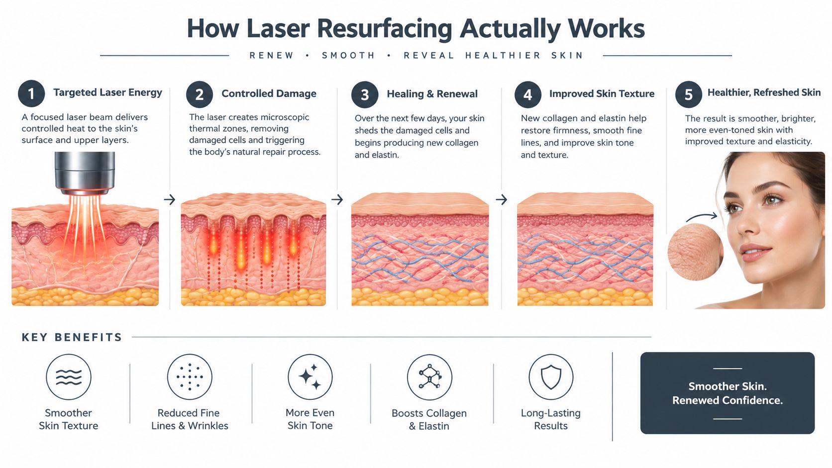 Diagram showing the laser resurfacing process on skin layers with a woman with clear skin.
