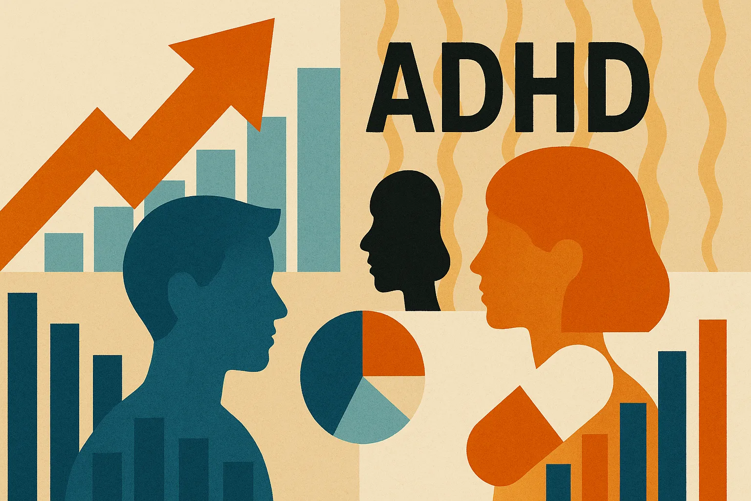 Grafiek en silhouetten van mensen over ADHD en medicatiegebruik.