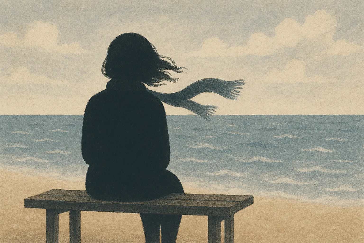 Silhouet van een vrouw op een bankje aan zee met wind in haar haar.
