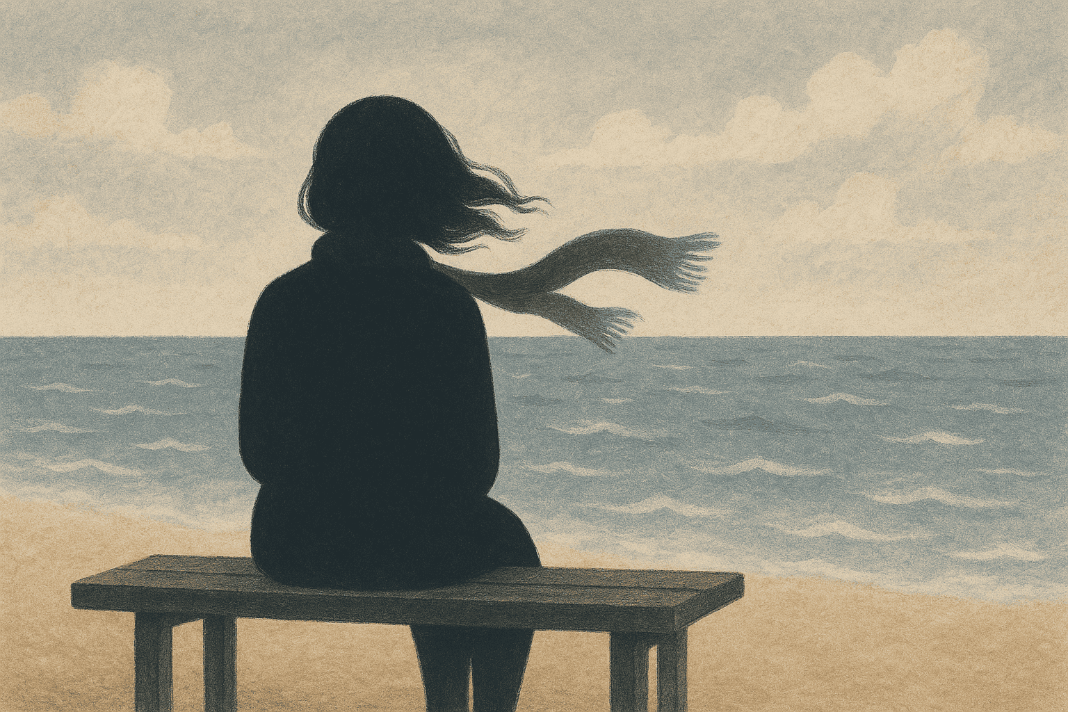 Silhouet van een vrouw op een bankje aan zee met wind in haar haar.