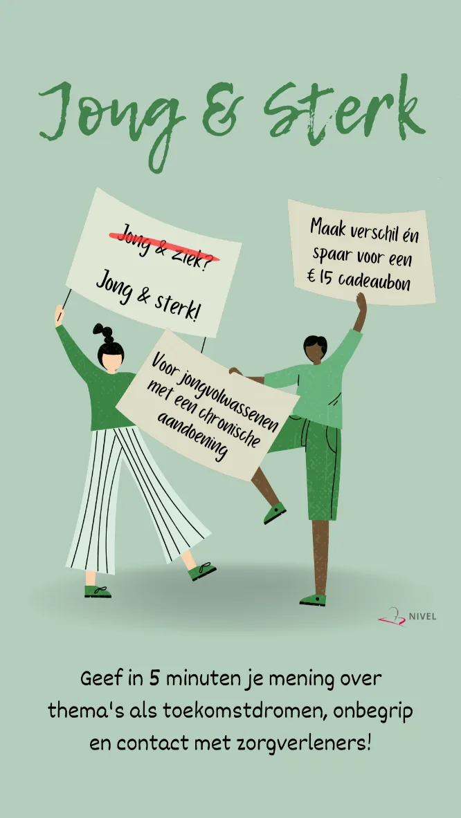 Twee jonge mensen houden borden met teksten over jongeren met een chronische aandoening.