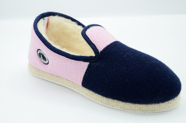 SIMONE – Chaussons mixte – Bicolore Marine / Rose – 50% laine / 50% acrylique – Confort Rivalin – Made in France