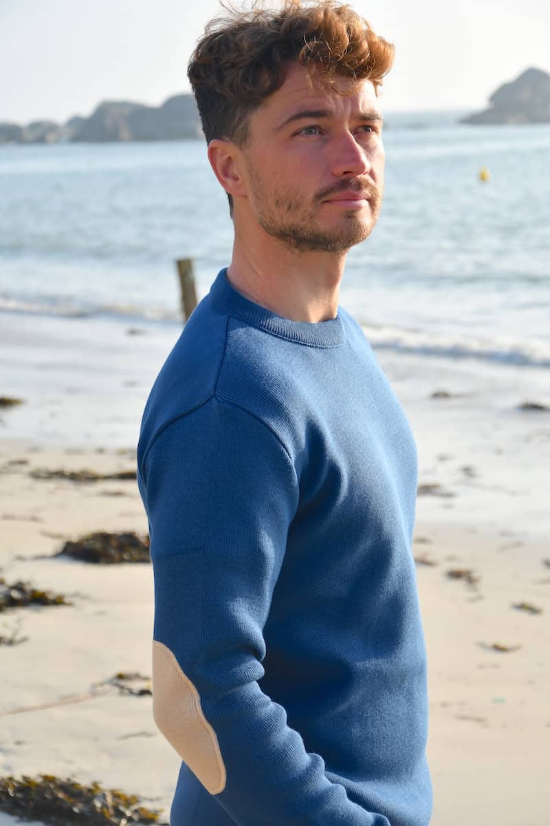 Pull Marin Homme Bleu Made in France – MOBY avec Coudières Beige – Image 6