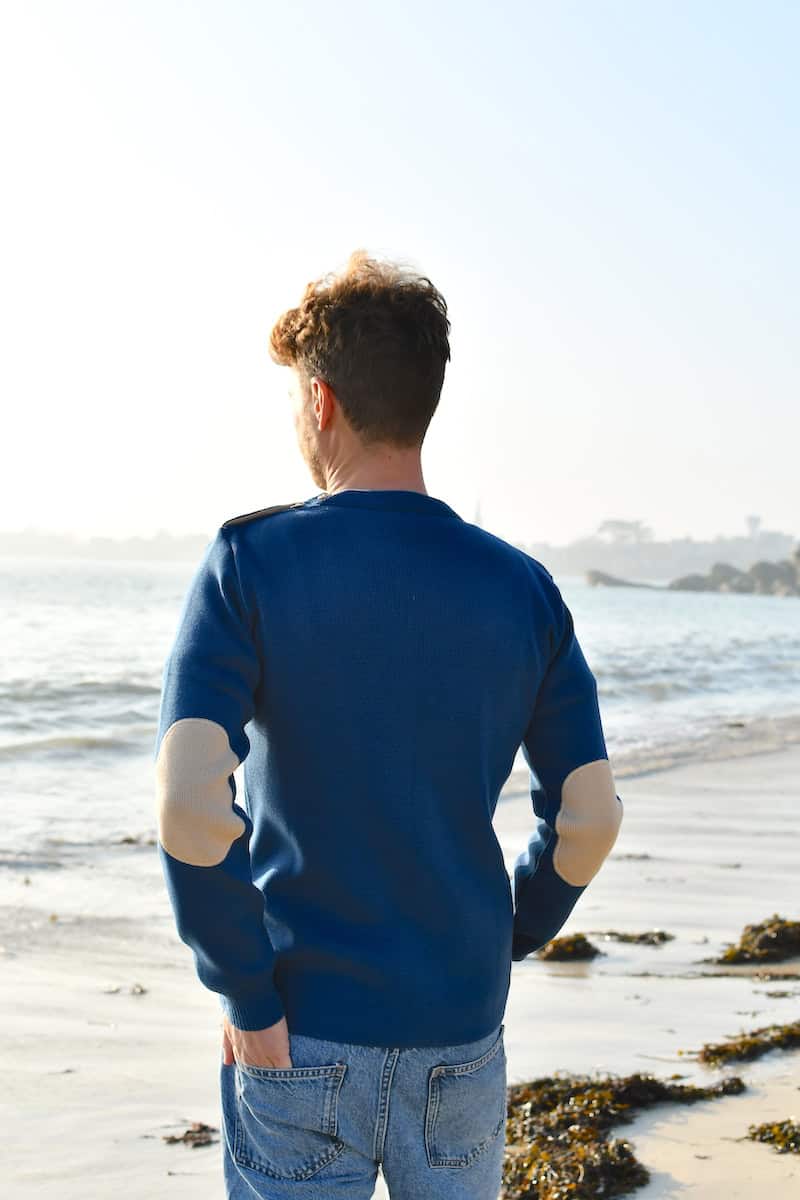 Pull Marin Homme Bleu Made in France – MOBY avec Coudières Beige – Image 2
