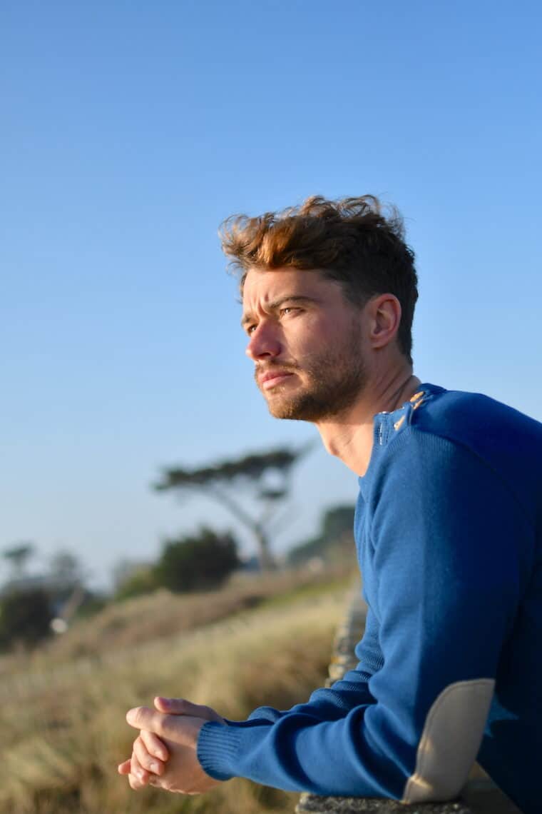 Pull Marin Homme Bleu Made in France – MOBY avec Coudières Beige