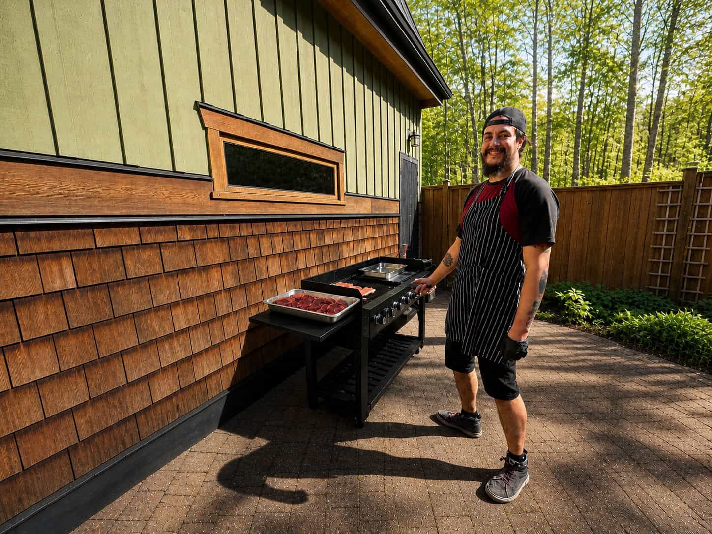 Smiling man with a beard, wearing a baseball cap backwards, wearing a striped kitchen apron stading in front of a large BBQ. Chef David cooks steaks for Thursday night supper at Orchard Recovery Center