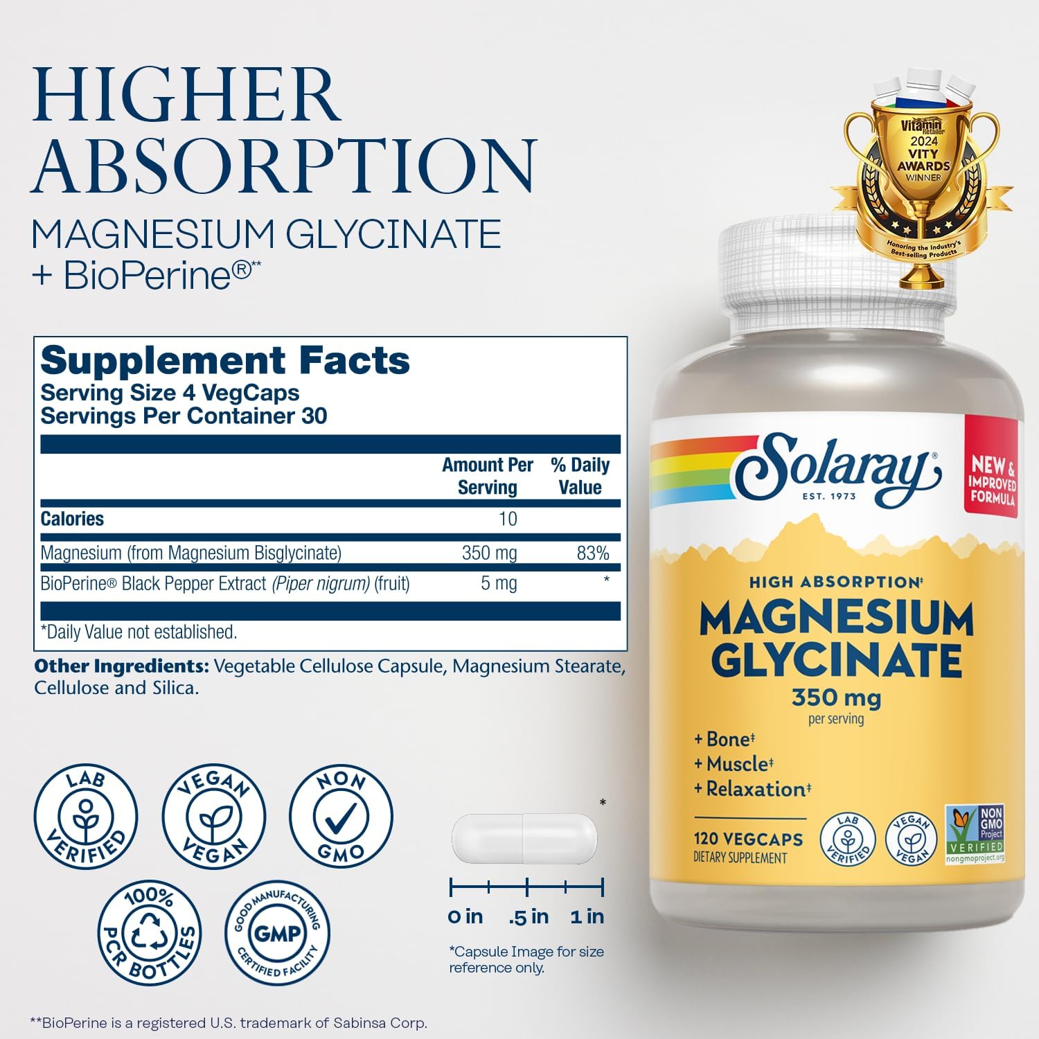 Solaray Magnesium Glycinate 350 mg - 120 Veg Caps - Image 2