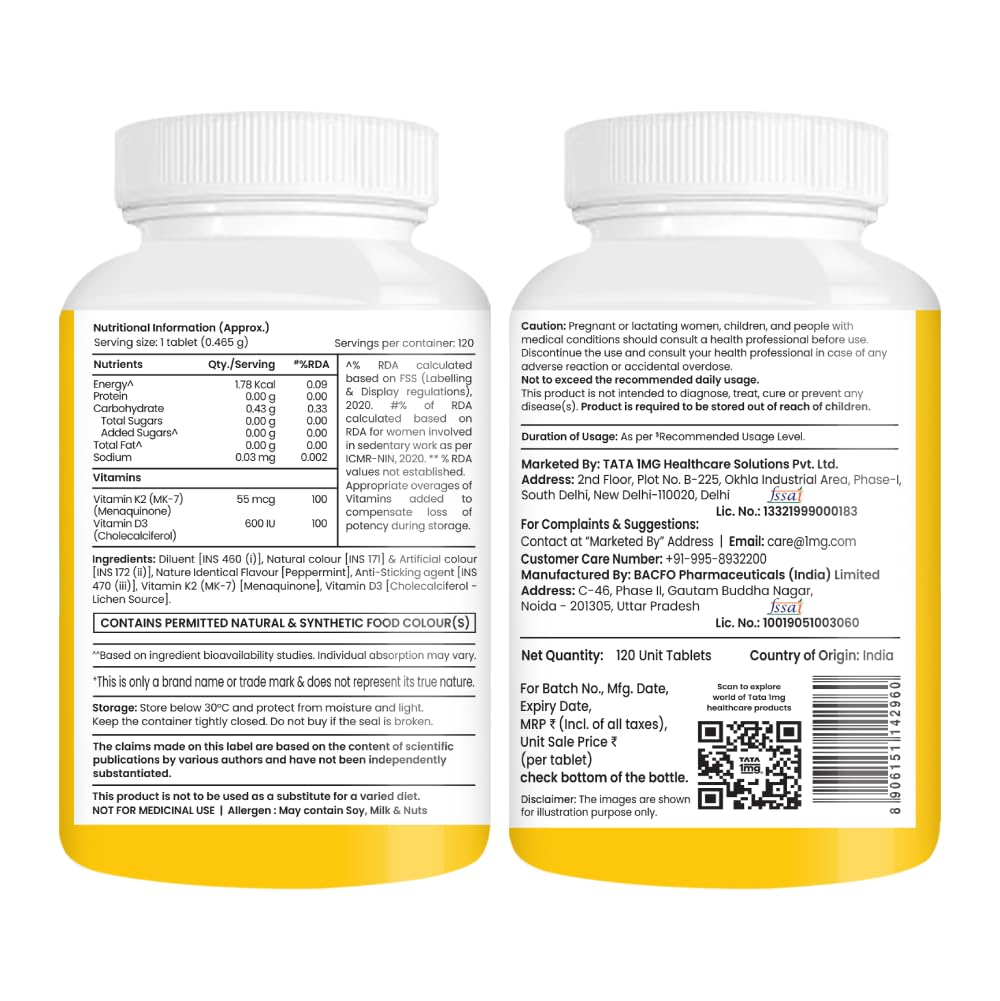 Tata 1mg Vitamin D3 + K2 (MK-7) Veg 120 Tablets