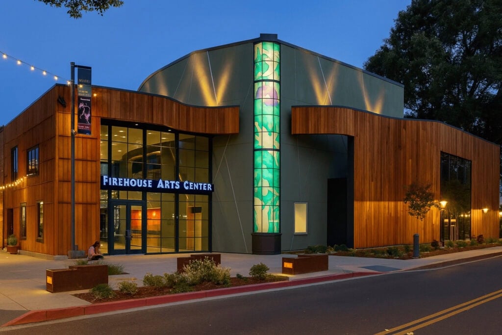Modern Firehouse Arts Center building with contemporary design, wooden exterior, illuminated stained glass artwork, and welcoming entrance in Pleasanton, CA.