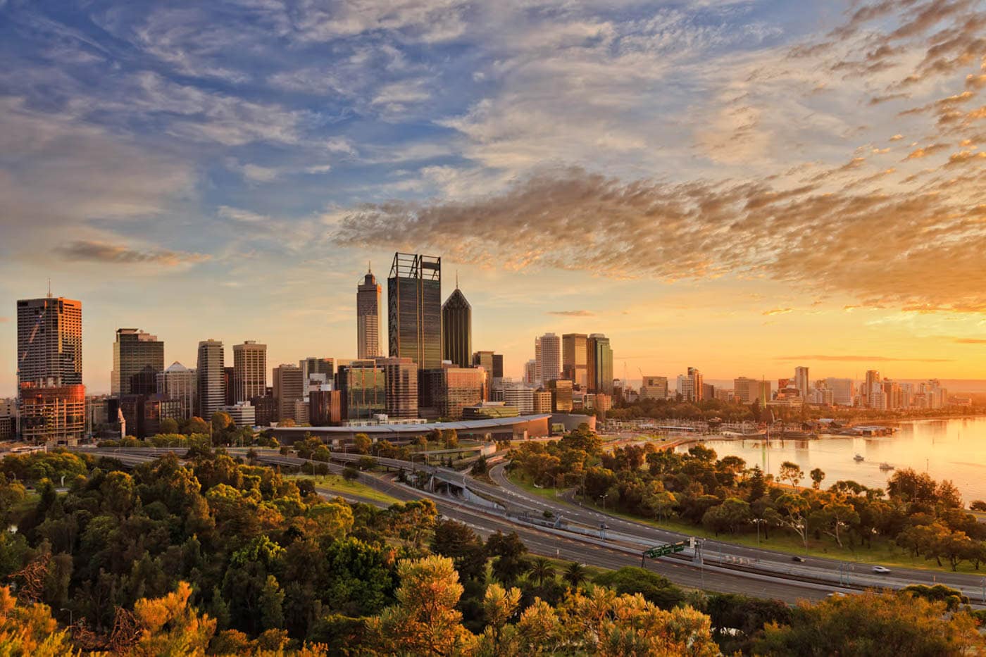 Golden hour from Kings Park with Perth City skyline in the background