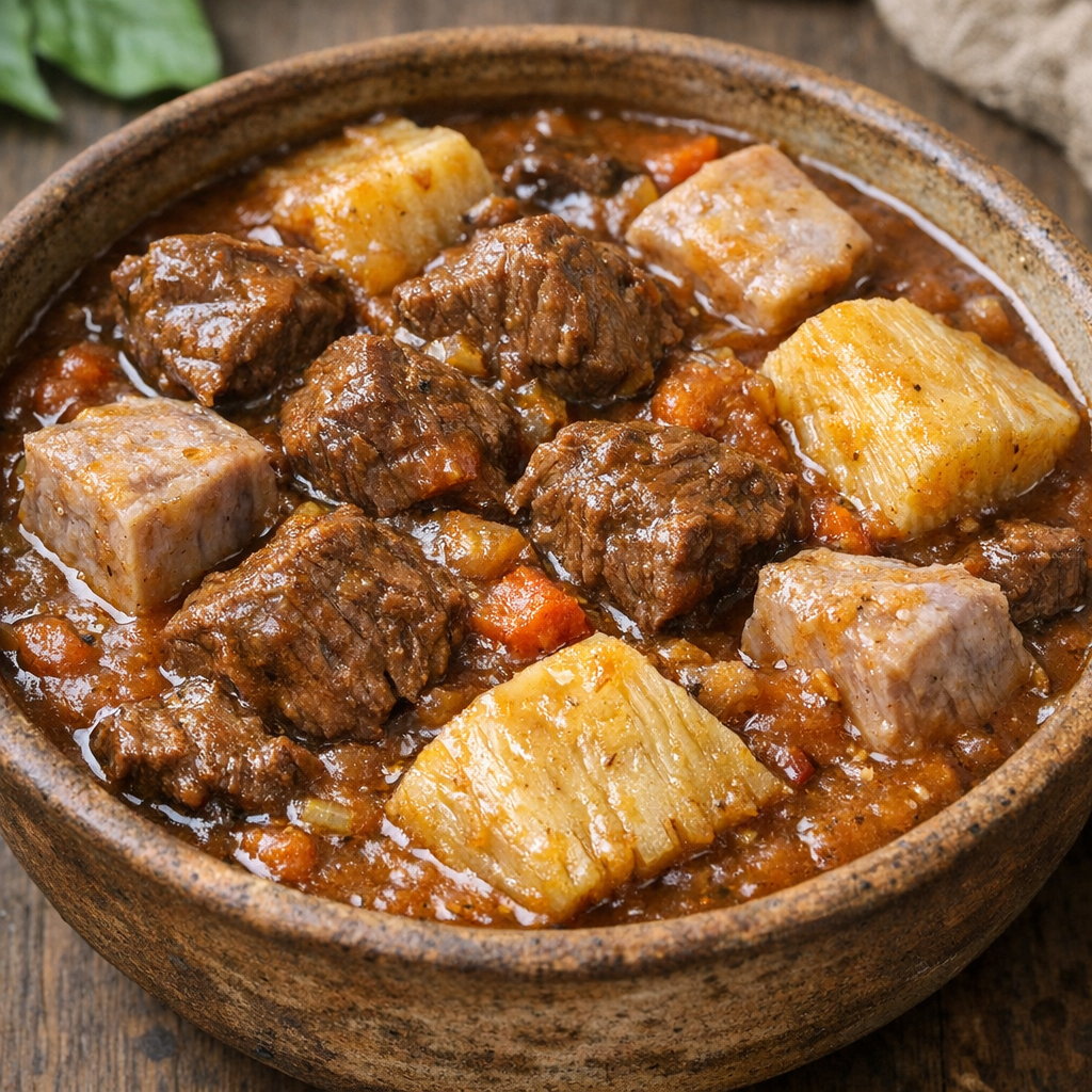 Hawaiian poi ulu beef stew with taro and breadfruit