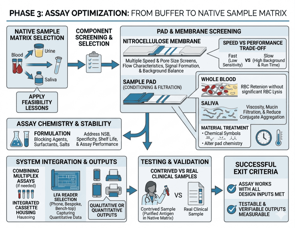 Diagram of lateral flow assay development process, phases, and validation steps.