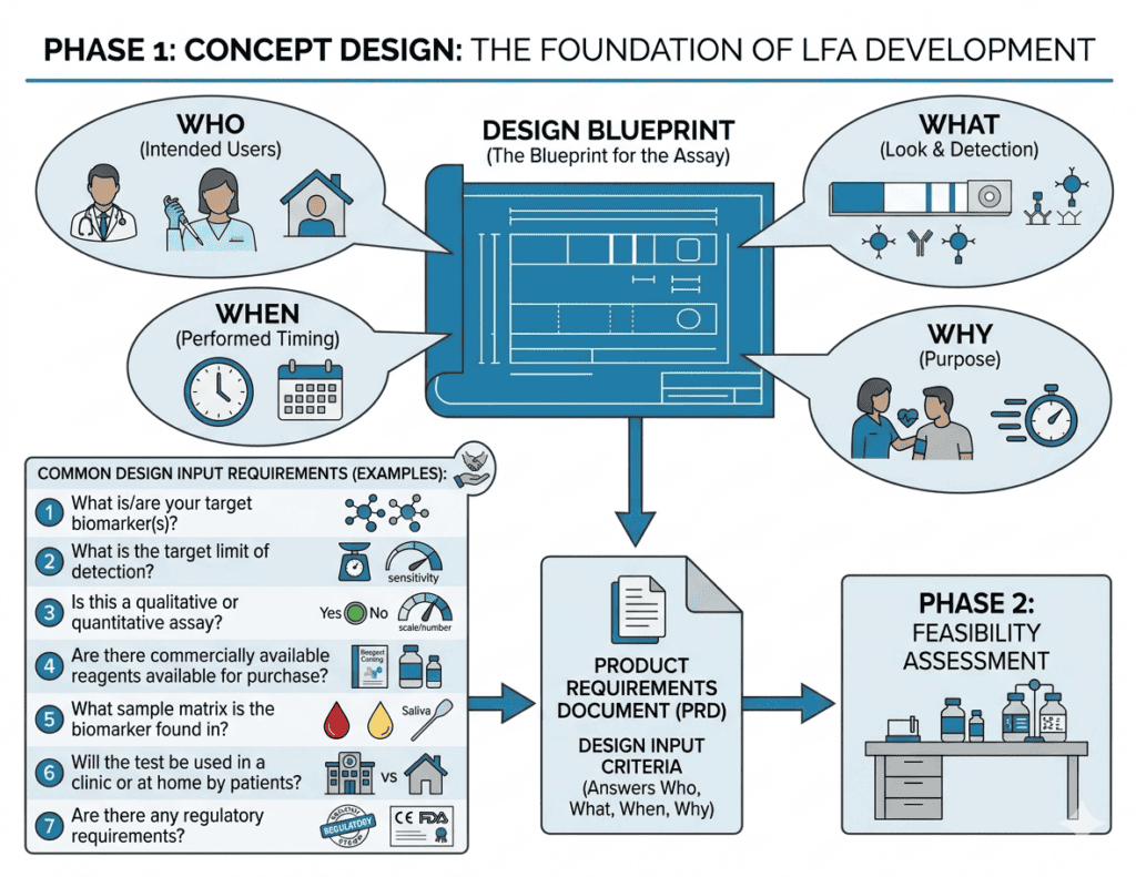Visual overview of lateral flow assay development phases and key considerations.