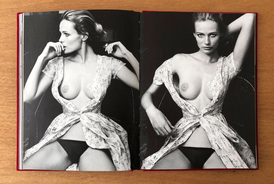 Elegant black and white fashion photography featuring a nude woman with a floral dress, captured by Pamela Hanson, showcasing artistic nude portraits with stylish posing and high fashion elements.