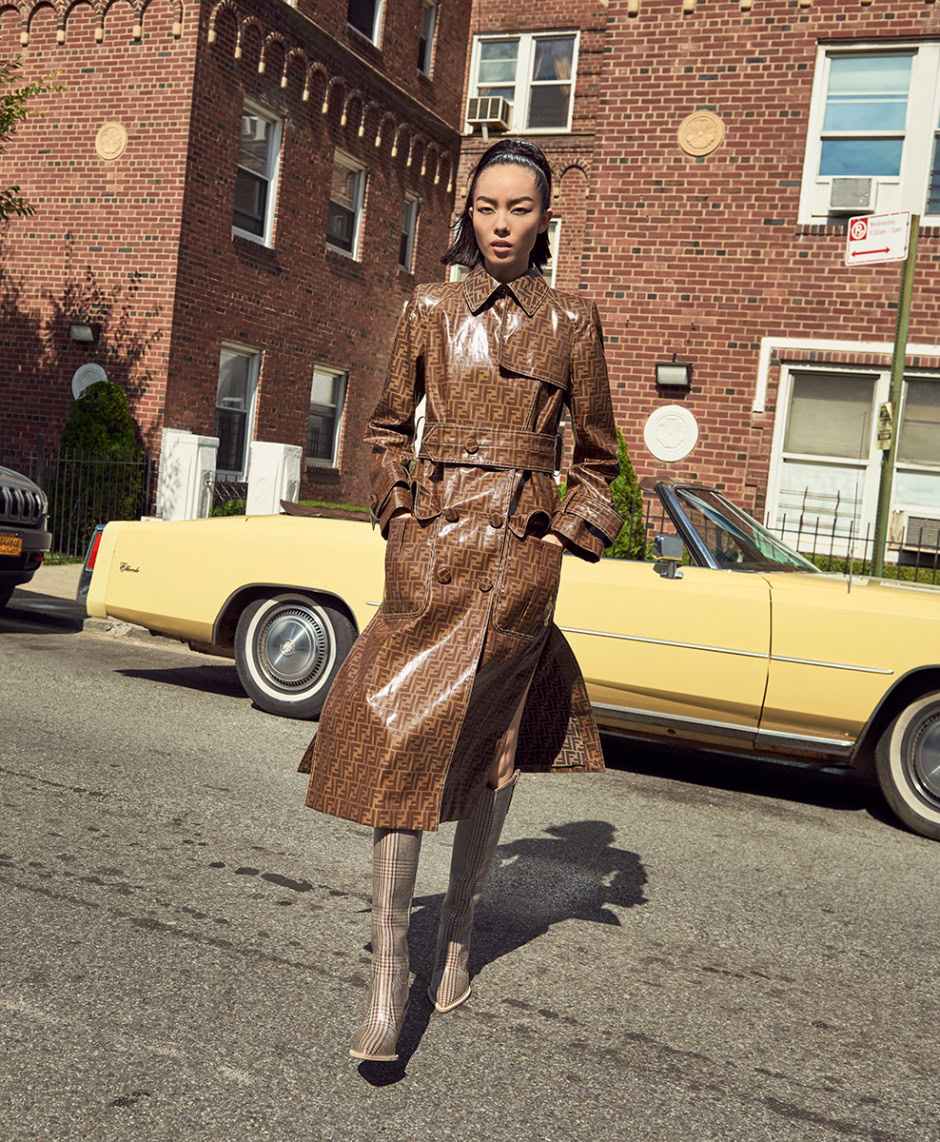 Fendi monogram trench coat fashion photography urban street style luxury designer fashion shot on location.