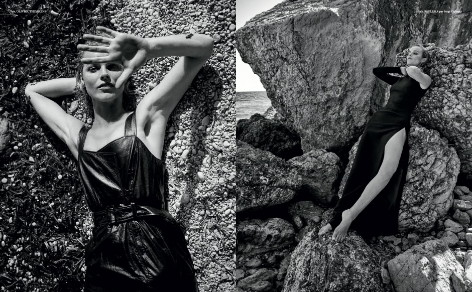 Elegant black and white beach fashion photography featuring a model in striking outfits amidst rocks and pebbles, showcasing artistic portraiture and coastal scenery.