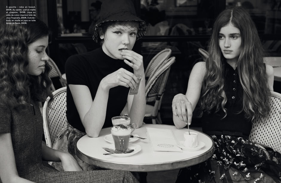 Elegant black and white portrait of three young women enjoying coffee at a chic outdoor cafe, showcasing timeless fashion and candid moments in a sophisticated urban setting—captured by Pamela Hanson Photography.