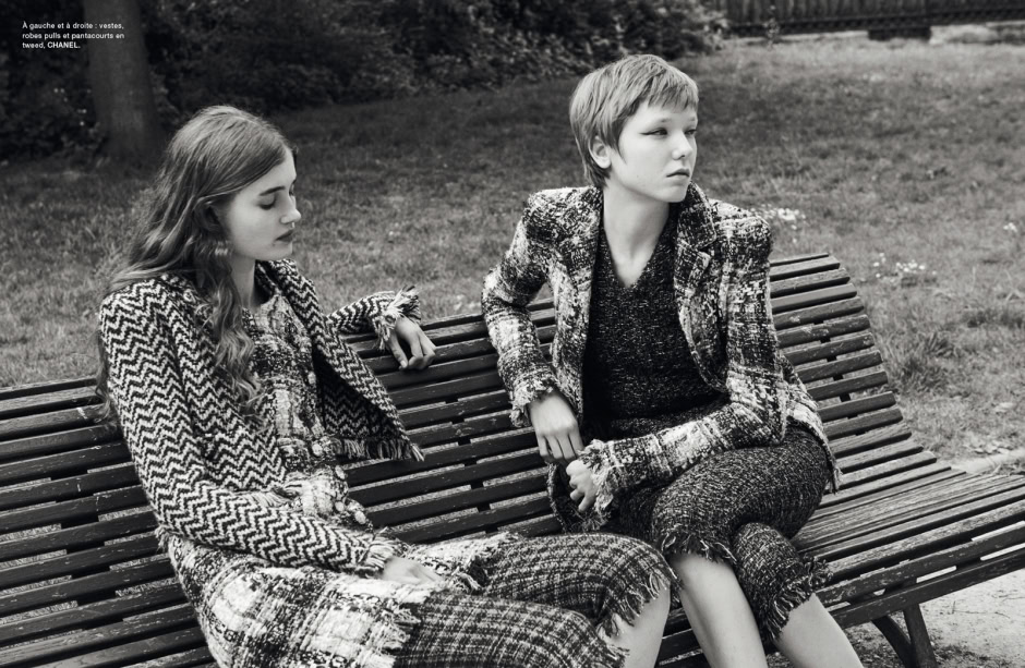Elegant black and white portrait of fashionable young women sitting on a park bench, showcasing chic tweed outfits and sophisticated style, captured by Pamela Hanson Photography.
