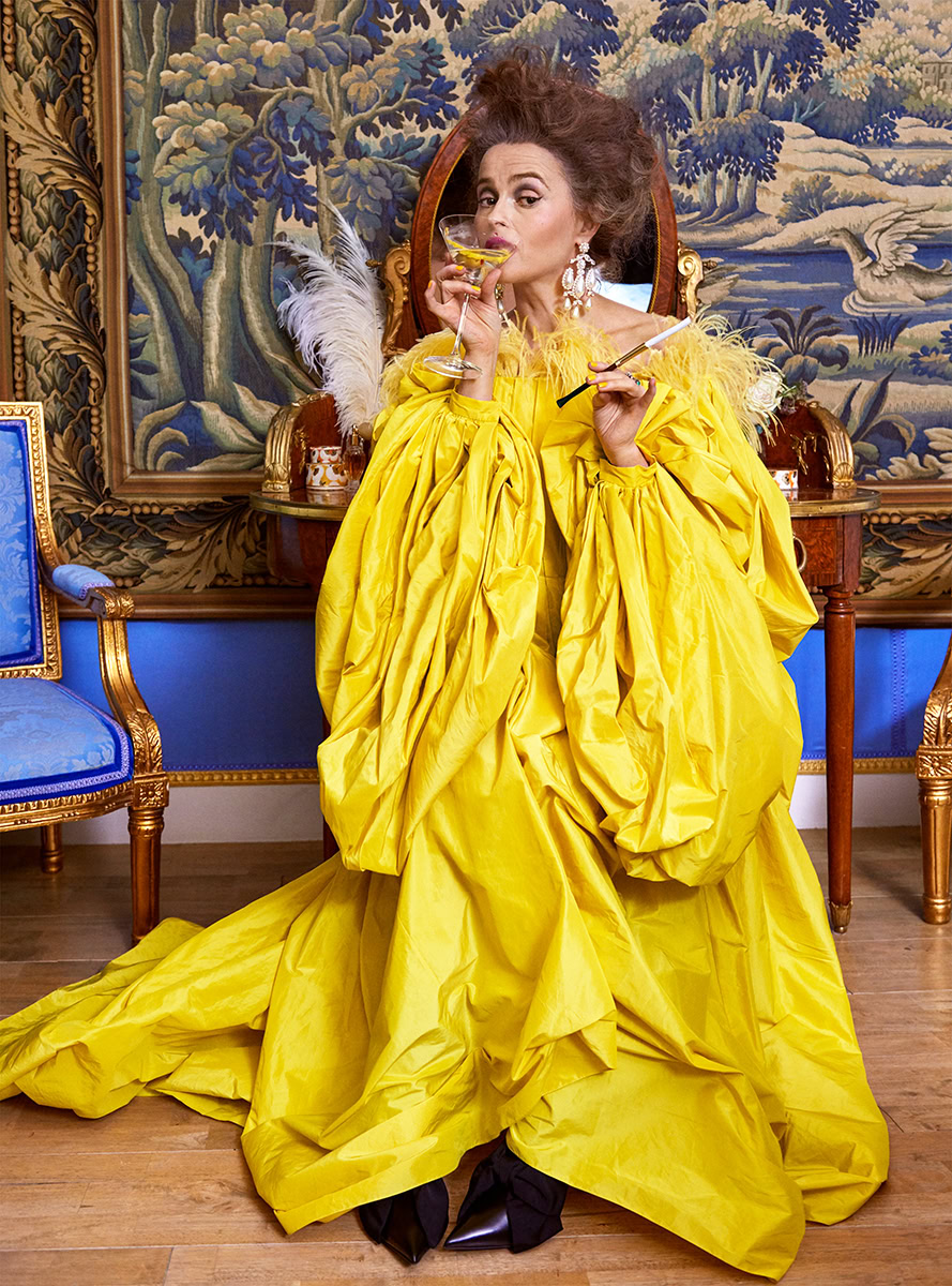 Luxury portrait of woman in yellow gown with ornate background, high fashion photography by Pamela Hanson, elegant interior with antique furniture, glamorous and sophisticated style, artistic portraiture, celebrity fashion photography.