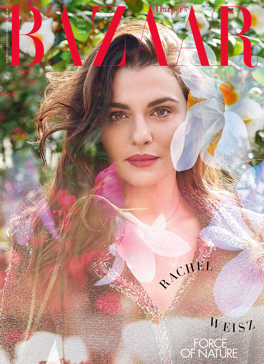 Elegant portrait of Rachel Weisz on Harper's Bazaar UK cover, featuring professional fashion photography by Pamela Hanson; highlights natural beauty, high fashion, and creative editorial photography.