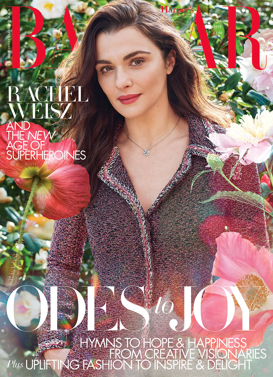 Rachel-Weisz-harper's-bazaar-june-2020-fashion-magazine-cover-portrait-in-floral-garden-with-vivid-colors-and-natural-light.