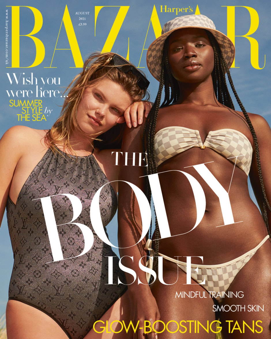 Luxurious fashion photography on a summer seaside backdrop featuring models in designer swimwear, highlighting vibrant summer style, skin confidence, and body positivity.