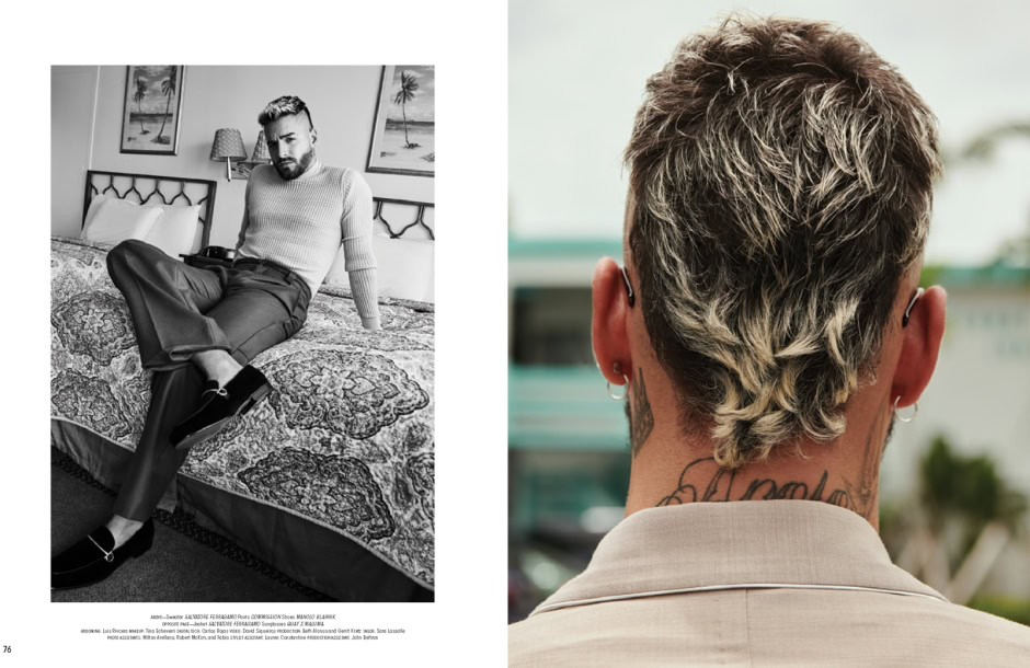 Luxury men's fashion portrait featuring stylish grooming and tattoos, by Pamela Hanson Photography, showcasing contemporary male style and editorial photography.
