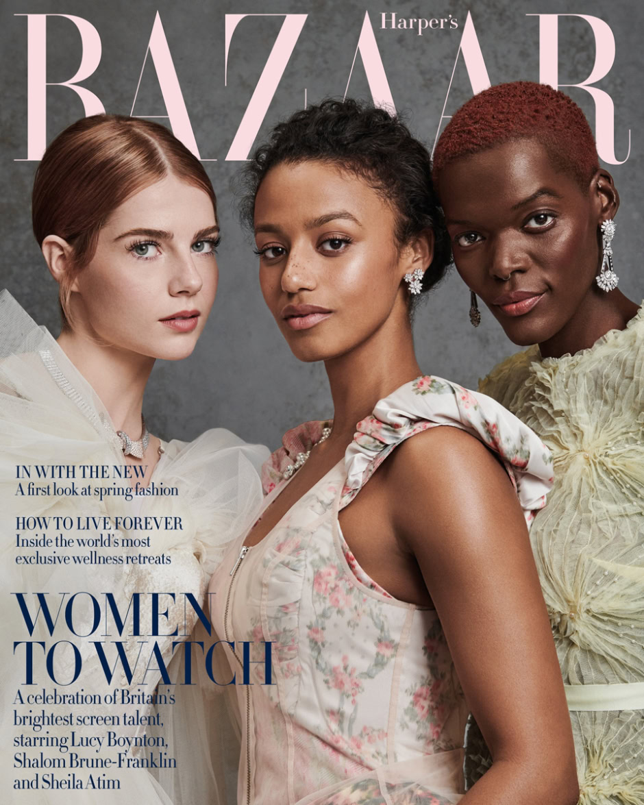 Gorgeous diverse women portrait fashion magazine cover, natural skin tones, elegant attire, sophisticated styling, professional model photography, Pamela Hanson Photography, Harper's Bazaar UK, empowering women, high fashion editorial, British talent showcase.