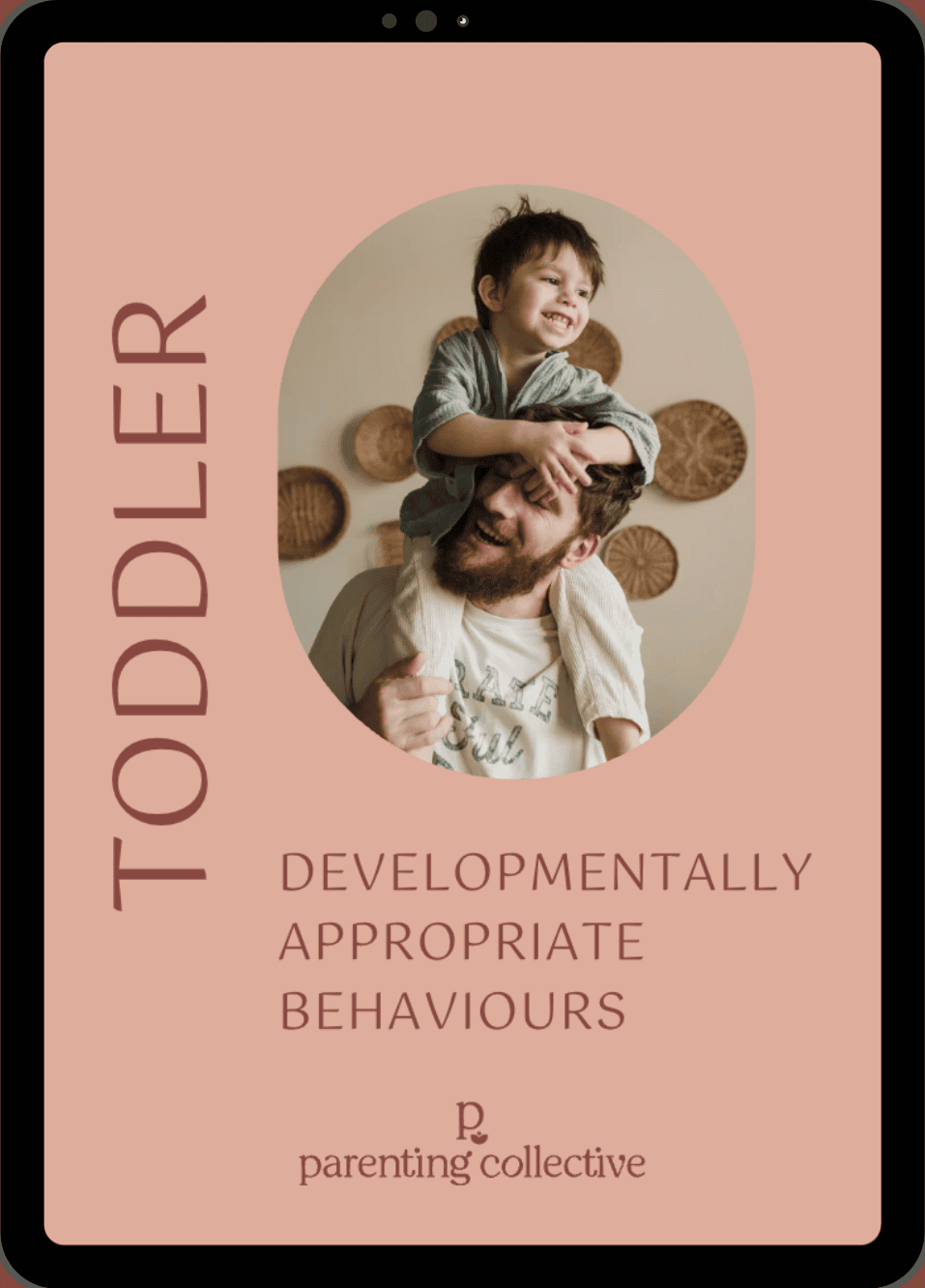 Toddler developmentally appropriate behaviours guide cover showing a boy on his dad's shoulders