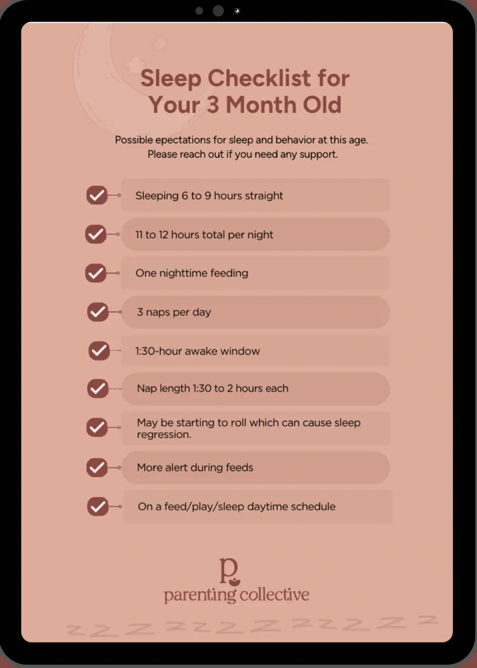 Sleep checklist for a three month old listing what to expect for sleep and behaviour