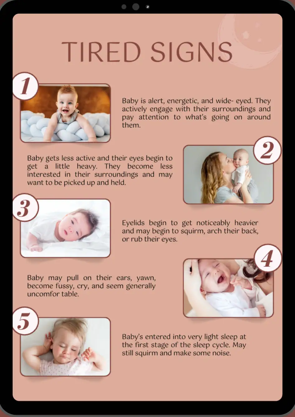 Tired signs guide showing the five stages of a baby's tired cues with photos