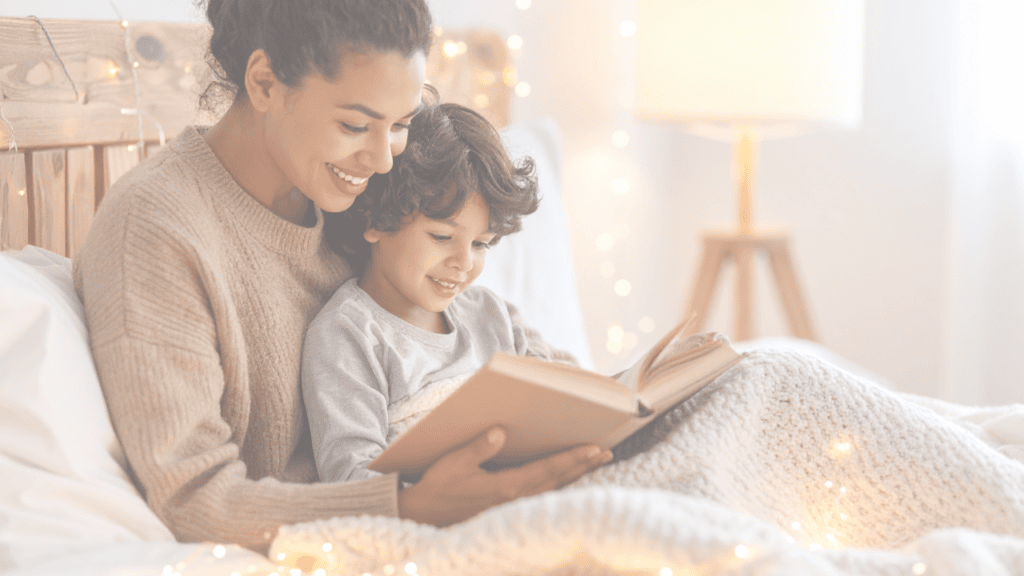 A mother reading a bedtime story in bed with her young son
