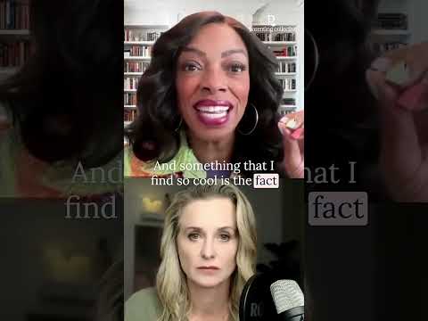 Split-screen video still of two women speaking into podcast microphones