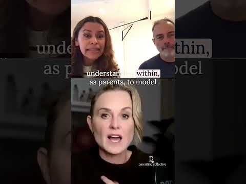 Split-screen video still of a couple and a woman speaking during a Parenting Collective interview
