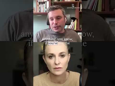 Split-screen video still of a man speaking in front of a bookshelf and a woman listening