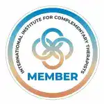 Circular badge with a gradient outer ring; edge text reads 'INTERNATIONAL INSTITUTE FOR COMPLEMENTARY THERAPIES' and 'MEMBER' in blue at the bottom.